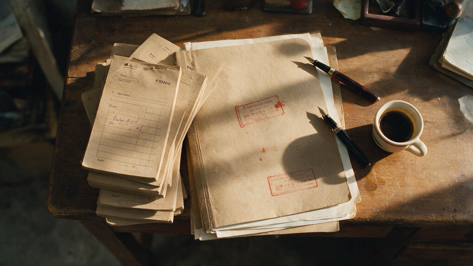 Blocs de papel estraza, una carpeta y una pluma sobre un escritorio de madera con luz cálida.