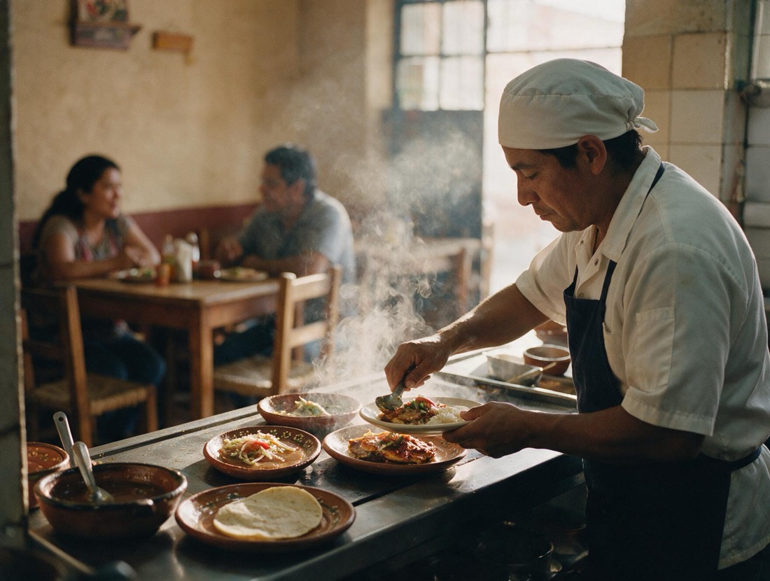 Cocinero emplatando en la barra de una fonda.