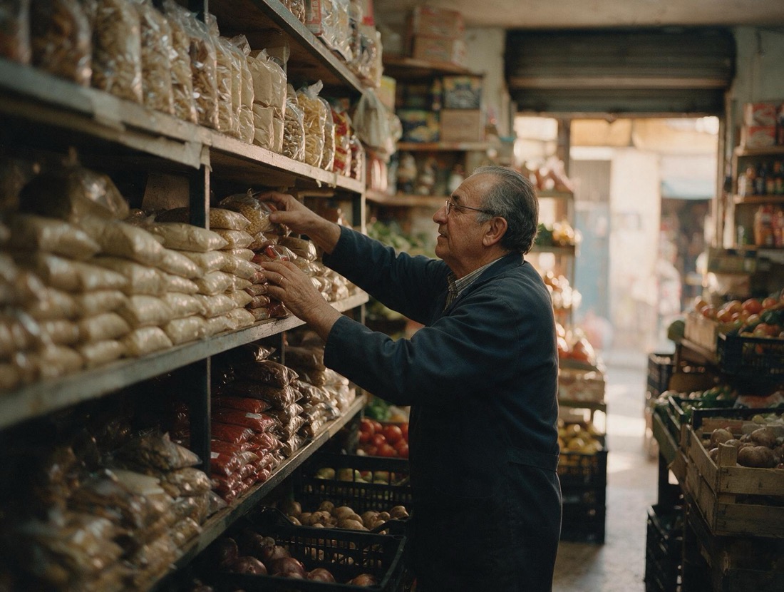 Tendero acomodando mercancía en los estantes de una tienda de abarrotes.