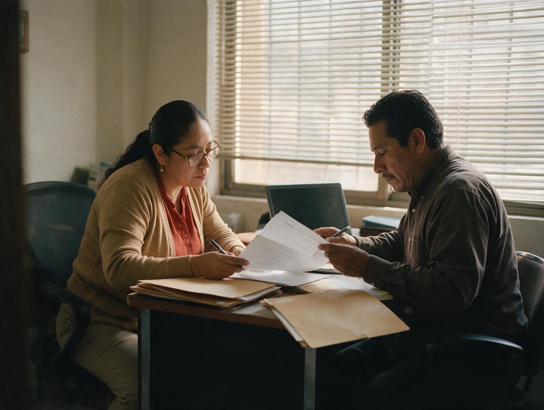 Dos personas revisando documentos en un despacho pequeño.