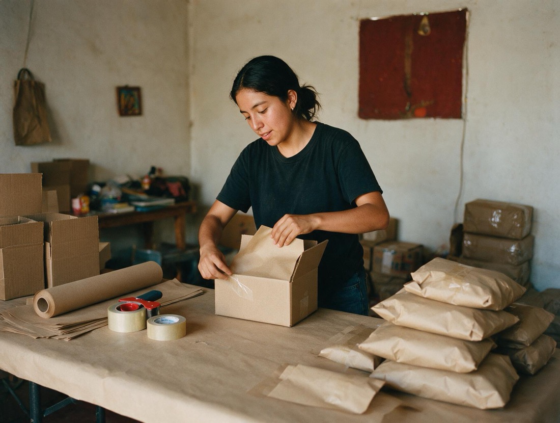 Mujer empacando pedidos en cajas de cartón sobre una mesa.
