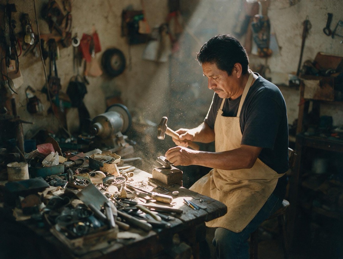 Artesano trabajando con herramienta de mano en un taller pequeño.