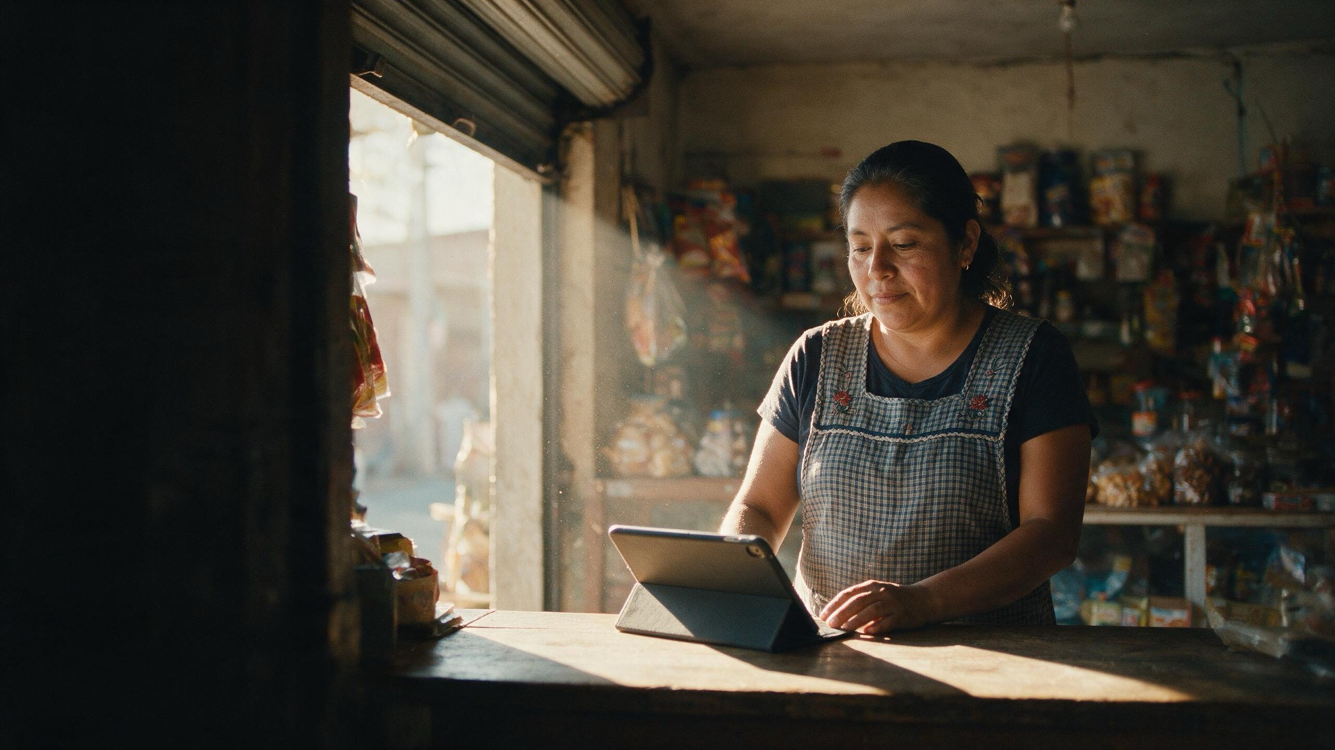 Dueña de una tienda de abarrotes revisando una tableta en el mostrador, con la luz de la mañana entrando por la cortina.